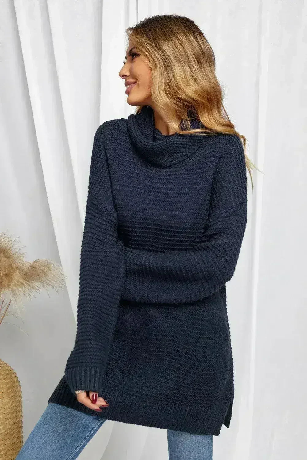 Winter Navy Blue Cozy Long Sleeves Turtleneck Sweater - Femstylo