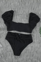 Black Bubble Sleeves Square Neck High Waist Bikini - Femstylo