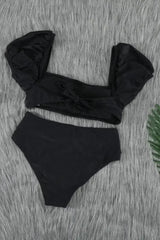 Black Bubble Sleeves Square Neck High Waist Bikini - Femstylo