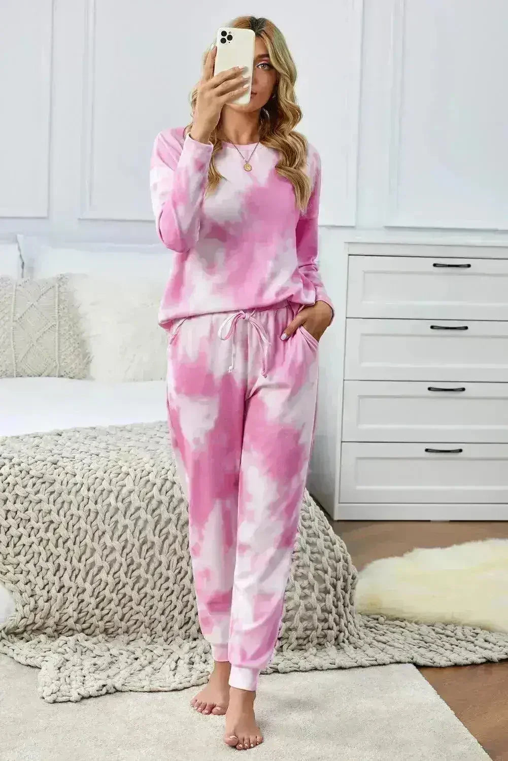 Fashion Pink Tie Dye Knit Long Sleeve Joggers Set - Femstylo