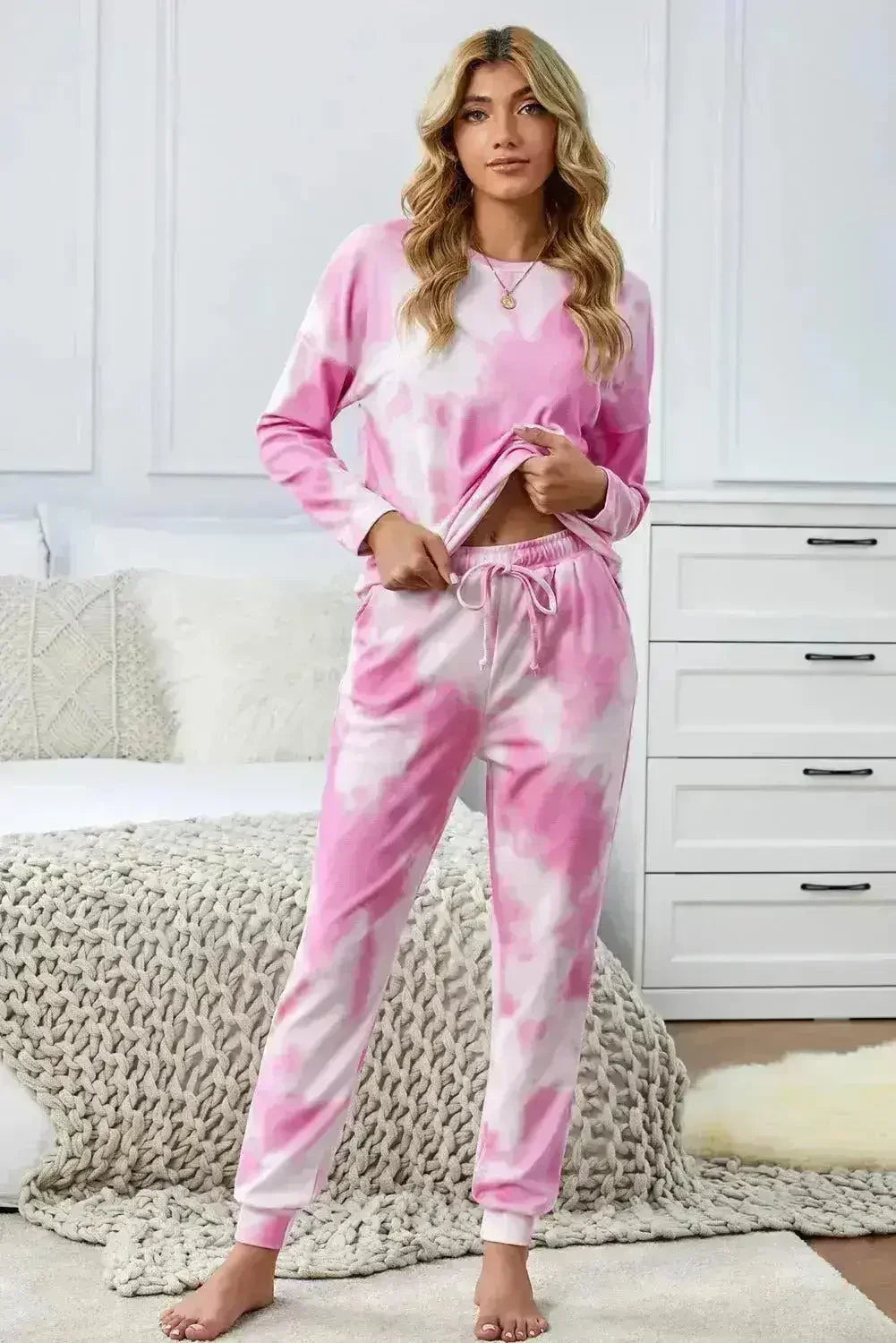 Fashion Pink Tie Dye Knit Long Sleeve Joggers Set - Femstylo