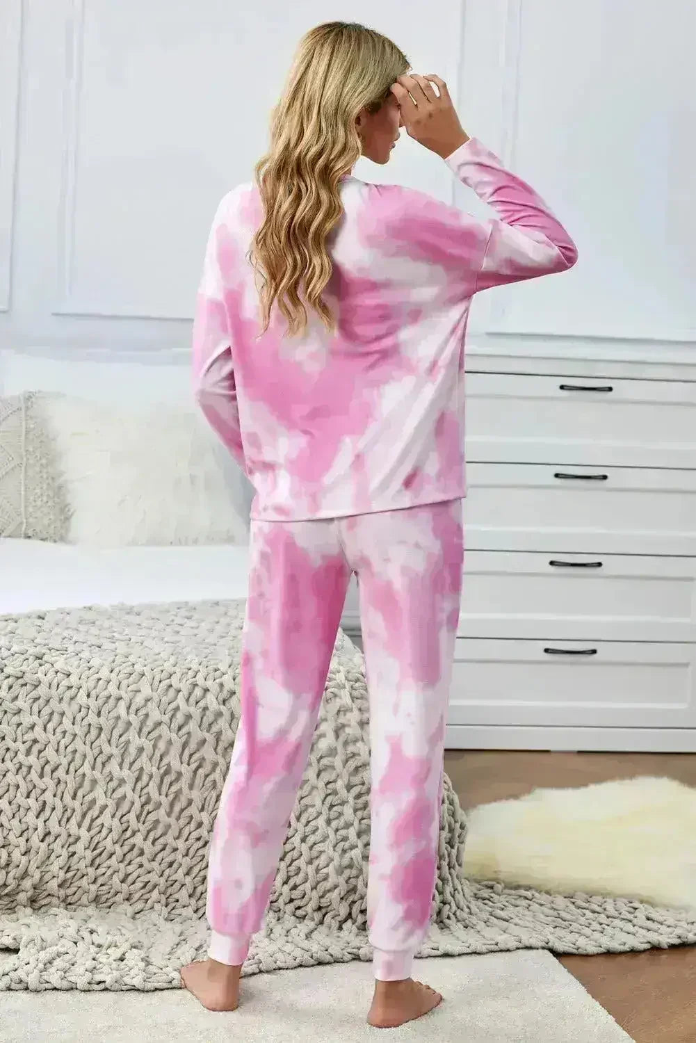 Fashion Pink Tie Dye Knit Long Sleeve Joggers Set - Femstylo