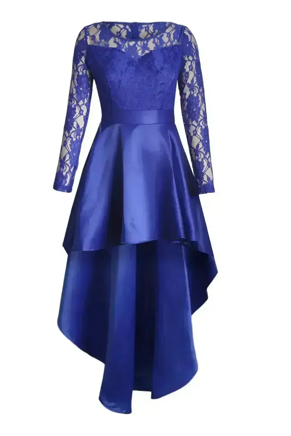 Royal Blue Lace Long Sleeve High Low Satin Prom Dress - Femstylo