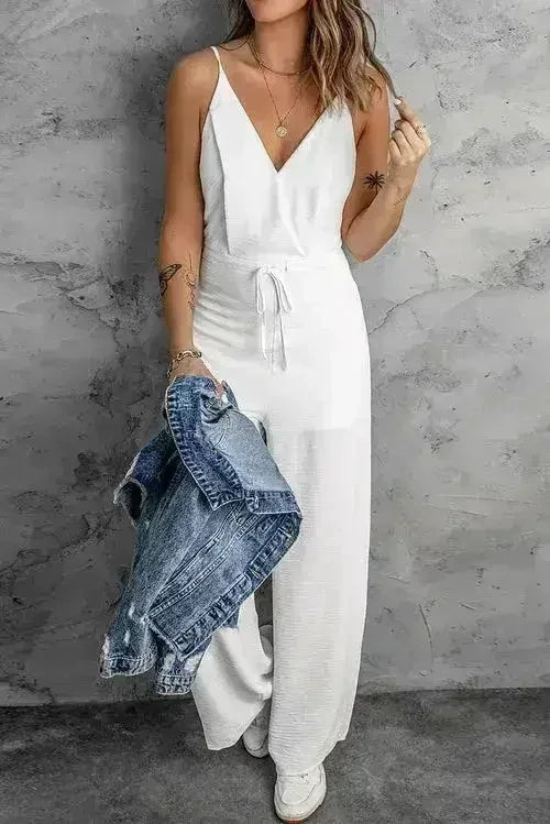 White Spaghetti Strap Wide Leg Jumpsuit - Femstylo