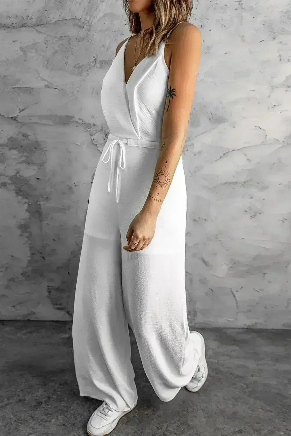 White Spaghetti Strap Wide Leg Jumpsuit - Femstylo