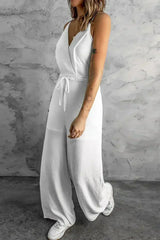 White Spaghetti Strap Wide Leg Jumpsuit - Femstylo