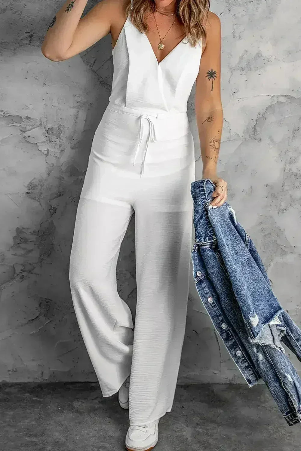 White Spaghetti Strap Wide Leg Jumpsuit - Femstylo