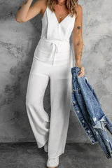 White Spaghetti Strap Wide Leg Jumpsuit - Femstylo
