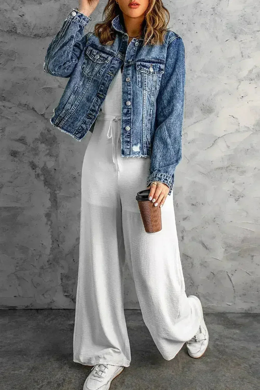 White Spaghetti Strap Wide Leg Jumpsuit - Femstylo