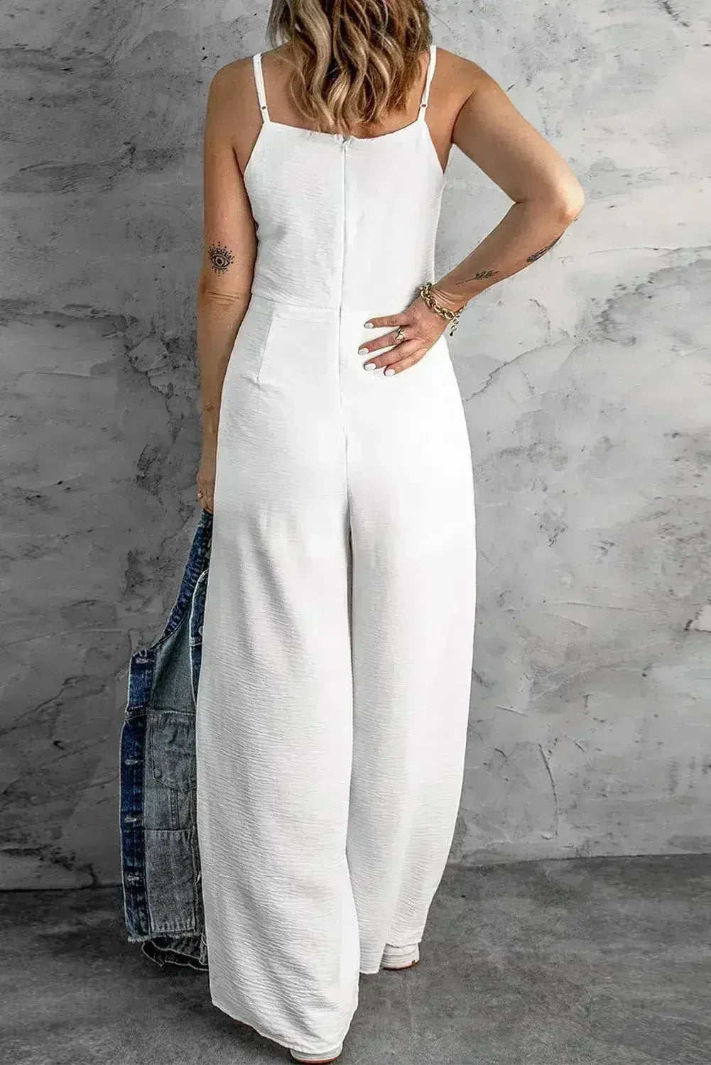 White Spaghetti Strap Wide Leg Jumpsuit - Femstylo