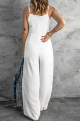 White Spaghetti Strap Wide Leg Jumpsuit - Femstylo