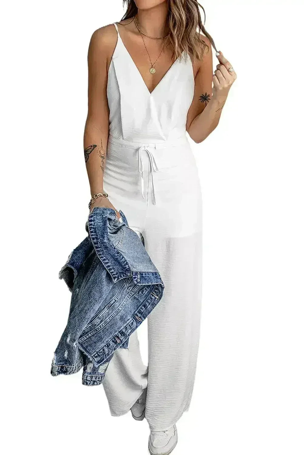 White Spaghetti Strap Wide Leg Jumpsuit - Femstylo