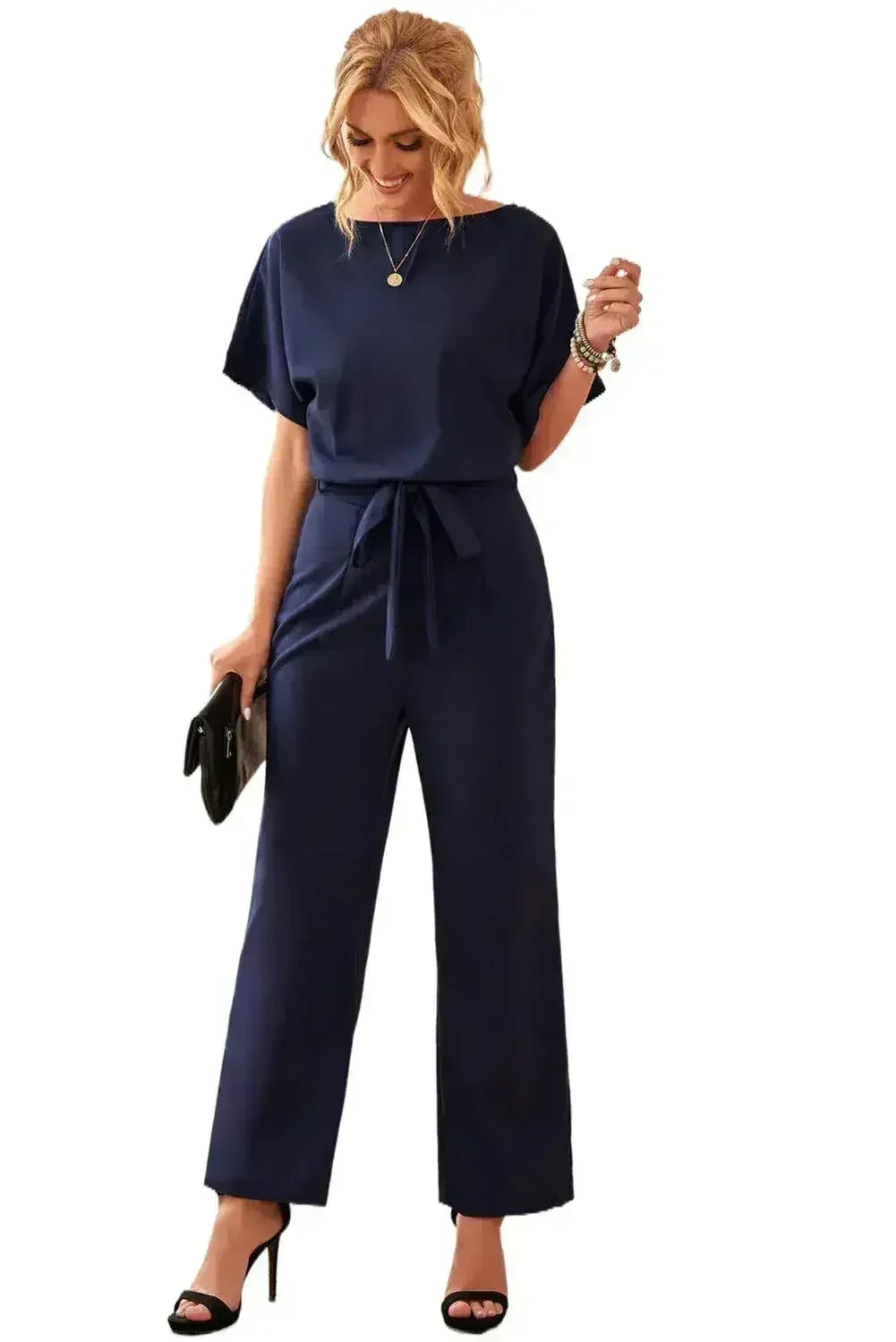 Chic Blue Oh So Glam Belted Wide Leg Jumpsuit - Femstylo