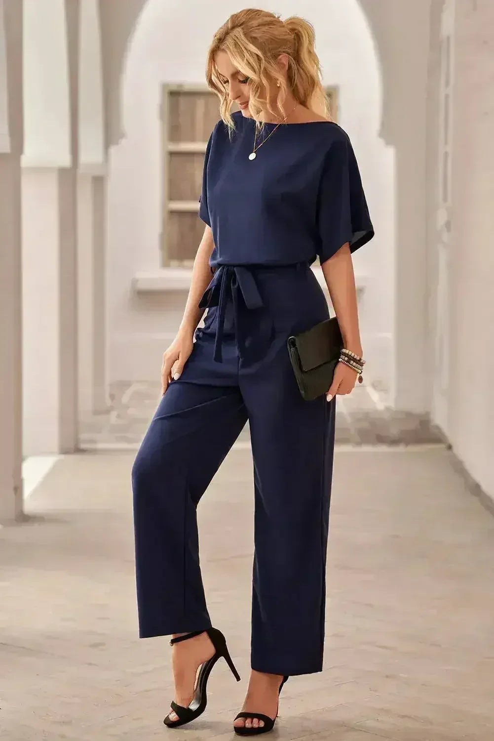 Chic Blue Oh So Glam Belted Wide Leg Jumpsuit - Femstylo