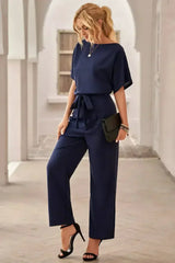 Chic Blue Oh So Glam Belted Wide Leg Jumpsuit - Femstylo