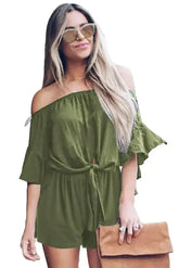 Casual Green Bell Sleeve Off Shoulder Front Tie Knot Romper - Femstylo