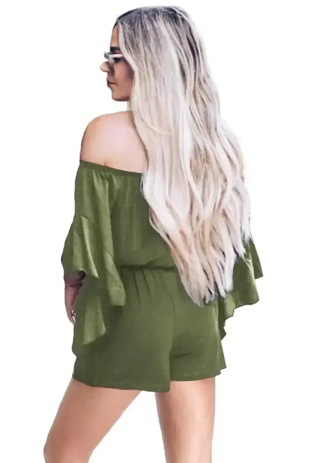 Casual Green Bell Sleeve Off Shoulder Front Tie Knot Romper - Femstylo