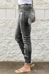 Women's Fashion Gray Drawstring Elastic Waist Hole Ripped Jeans - Femstylo