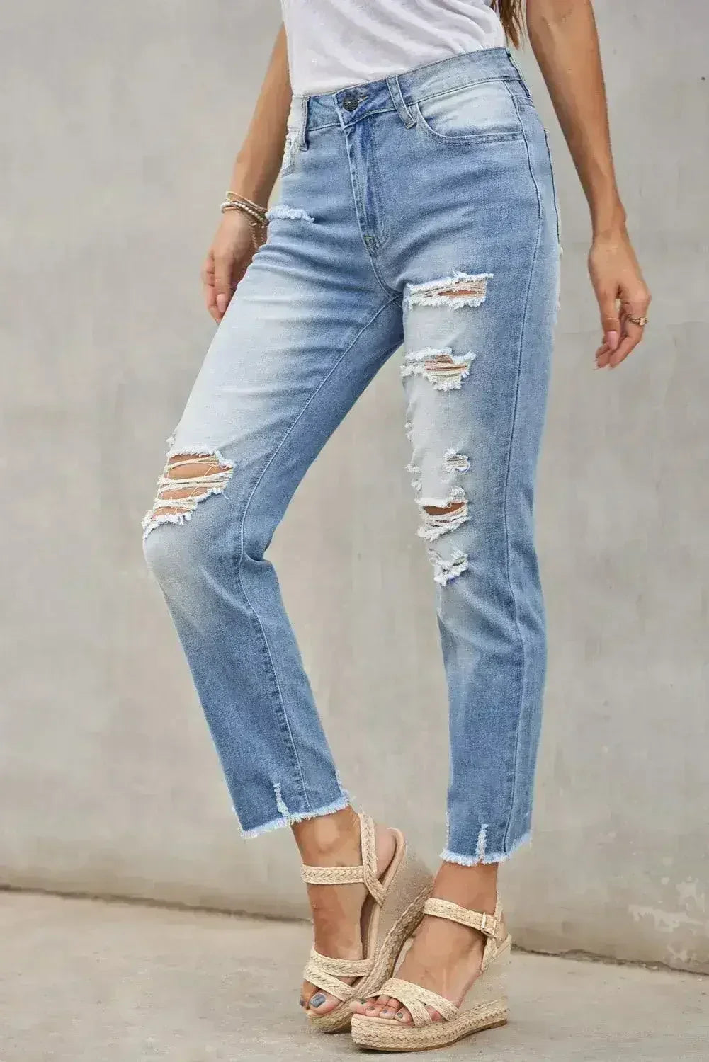 Fashion Light Blue Distressed Boyfriend Denim Pants - Femstylo