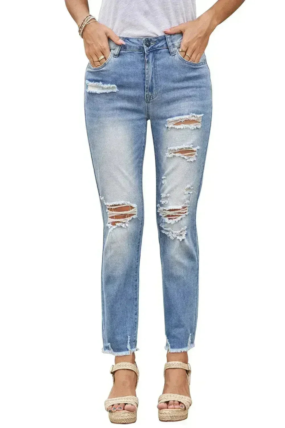 Fashion Light Blue Distressed Boyfriend Denim Pants - Femstylo
