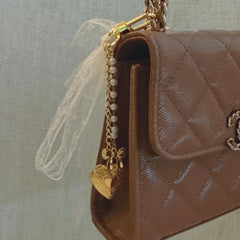 Lace & Love Heart Bag Charm – White Bow with Gold Heart | Romantic