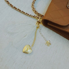 Lace & Love Heart Bag Charm – White Bow with Gold Heart | Romantic