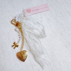 Lace & Love Heart Bag Charm – White Bow with Gold Heart | Romantic