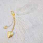 Lace & Love Heart Bag Charm – White Bow with Gold Heart | Romantic