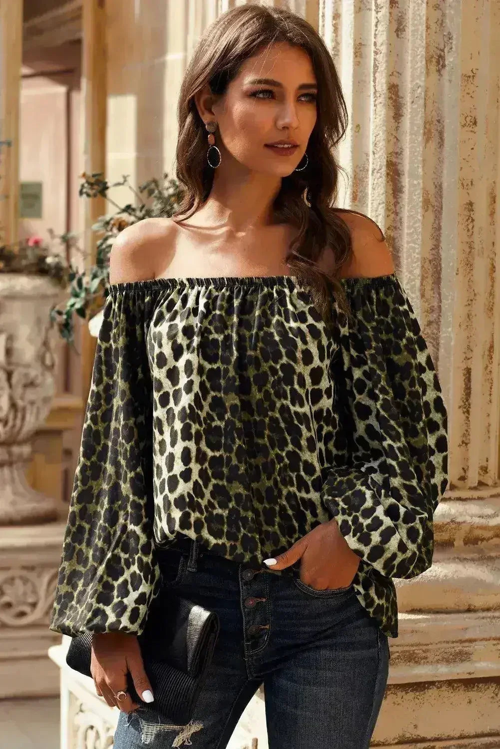 Leopard Print Long Sleeve Elastic Neck Off Shoulder Top | Femstylo - Femstylo