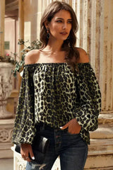 Leopard Print Long Sleeve Elastic Neck Off Shoulder Top | Femstylo - Femstylo