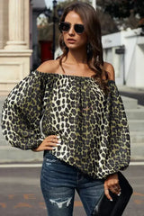 Leopard Print Long Sleeve Elastic Neck Off Shoulder Top | Femstylo - Femstylo
