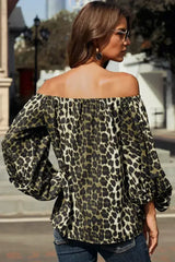 Leopard Print Long Sleeve Elastic Neck Off Shoulder Top | Femstylo - Femstylo