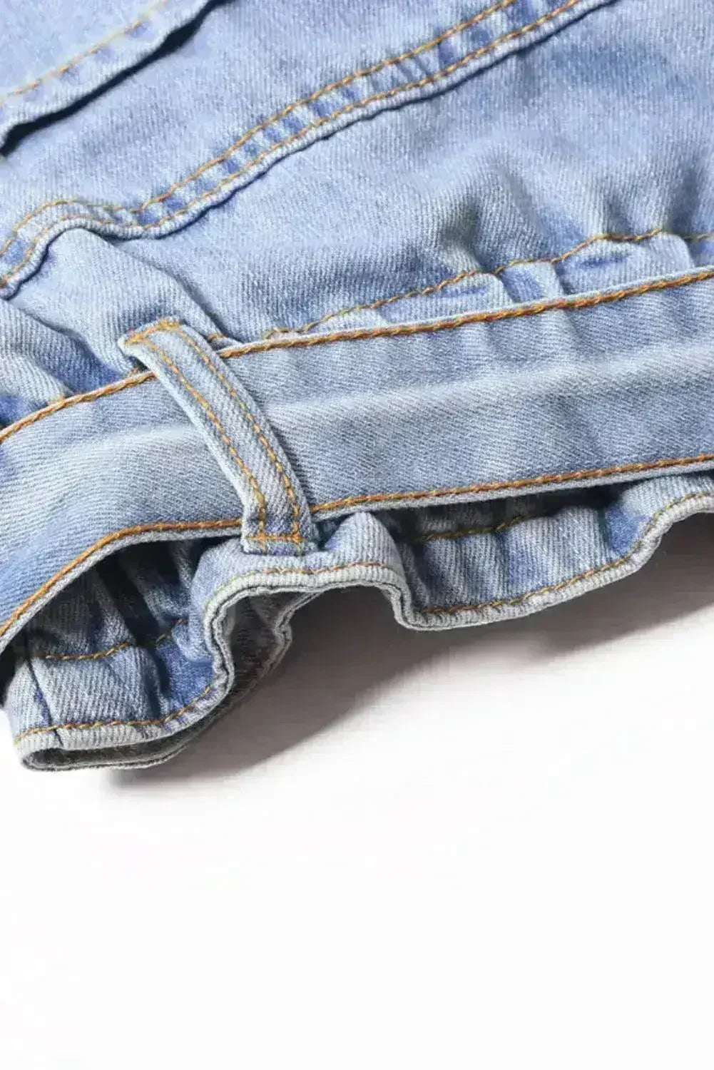 Women Light Blue Roll Hem Paper Bag Waist Denim Shorts - Femstylo