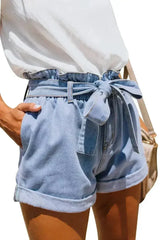 Women Light Blue Roll Hem Paper Bag Waist Denim Shorts - Femstylo