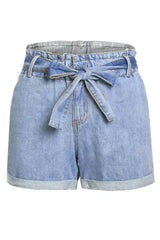Women Light Blue Roll Hem Paper Bag Waist Denim Shorts - Femstylo