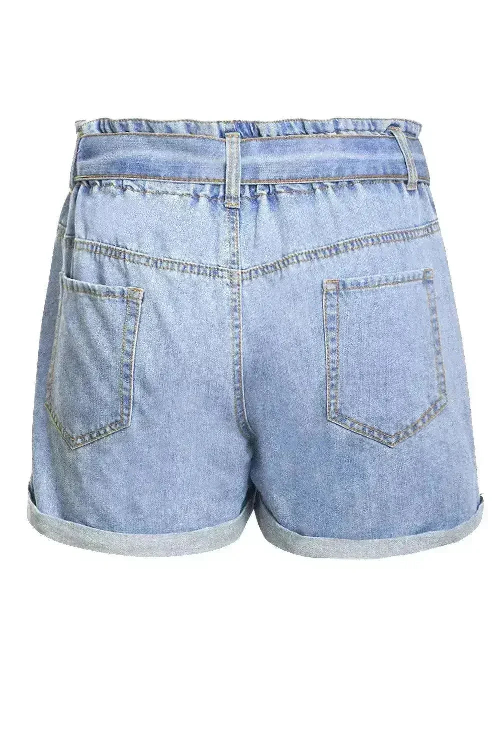 Women Light Blue Roll Hem Paper Bag Waist Denim Shorts - Femstylo