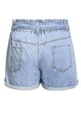 Women Light Blue Roll Hem Paper Bag Waist Denim Shorts - Femstylo