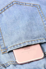 Women Light Blue Roll Hem Paper Bag Waist Denim Shorts - Femstylo