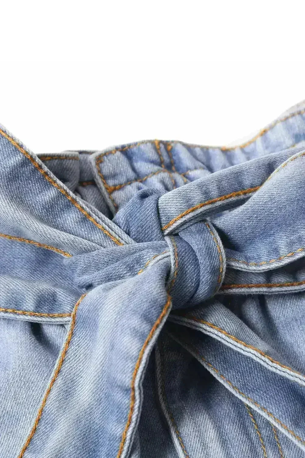 Women Light Blue Roll Hem Paper Bag Waist Denim Shorts - Femstylo