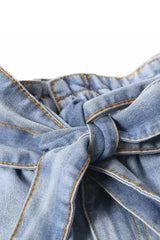 Women Light Blue Roll Hem Paper Bag Waist Denim Shorts - Femstylo