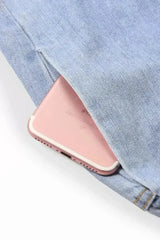 Women Light Blue Roll Hem Paper Bag Waist Denim Shorts - Femstylo
