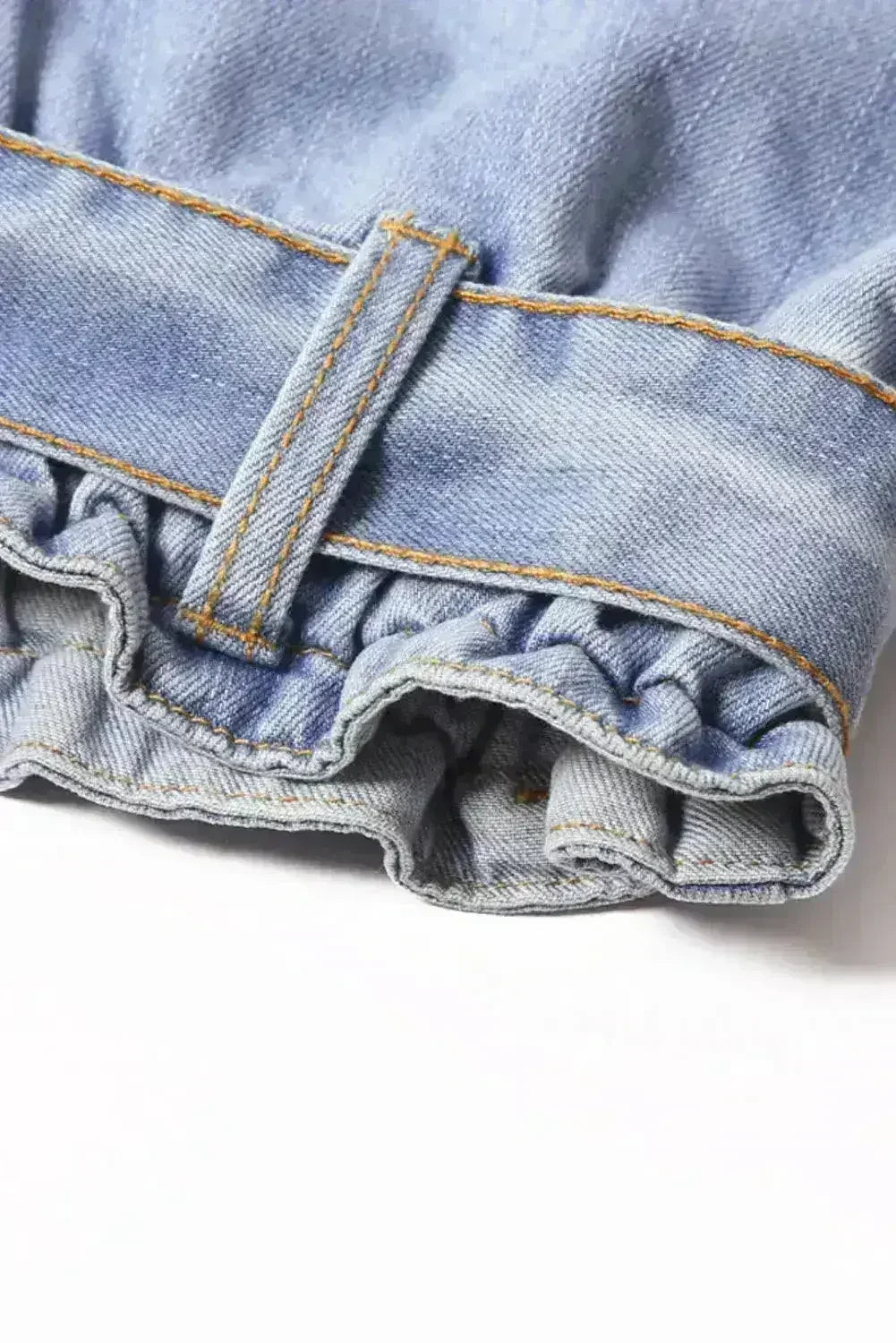 Women Light Blue Roll Hem Paper Bag Waist Denim Shorts - Femstylo