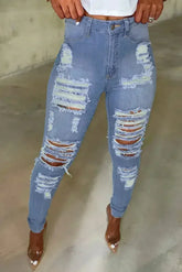 Light Blue Cut Out Distressed Ripped Pockets High Waisted Jeans - Femstylo
