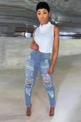 Light Blue Cut Out Distressed Ripped Pockets High Waisted Jeans - Femstylo
