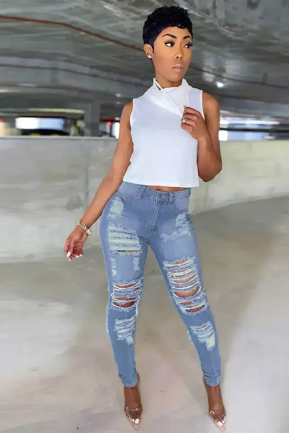 Light Blue Cut Out Distressed Ripped Pockets High Waisted Jeans - Femstylo