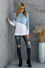 Light Blue White Patchwork Dropped Shoulder Sweatshirt - Femstylo