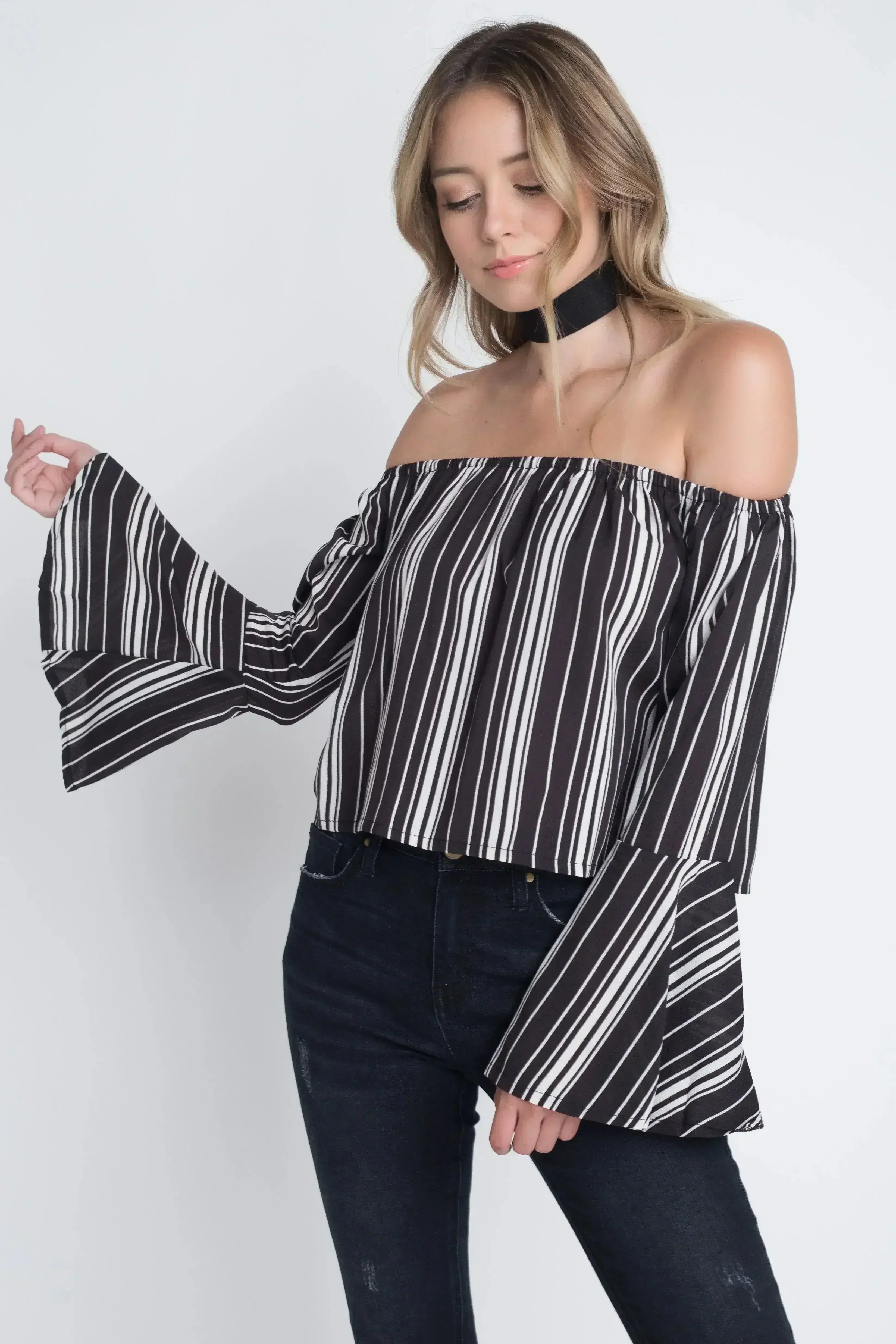 Women's Off Shoulder Casual Stripe Bell Sleeve Top - Femstylo