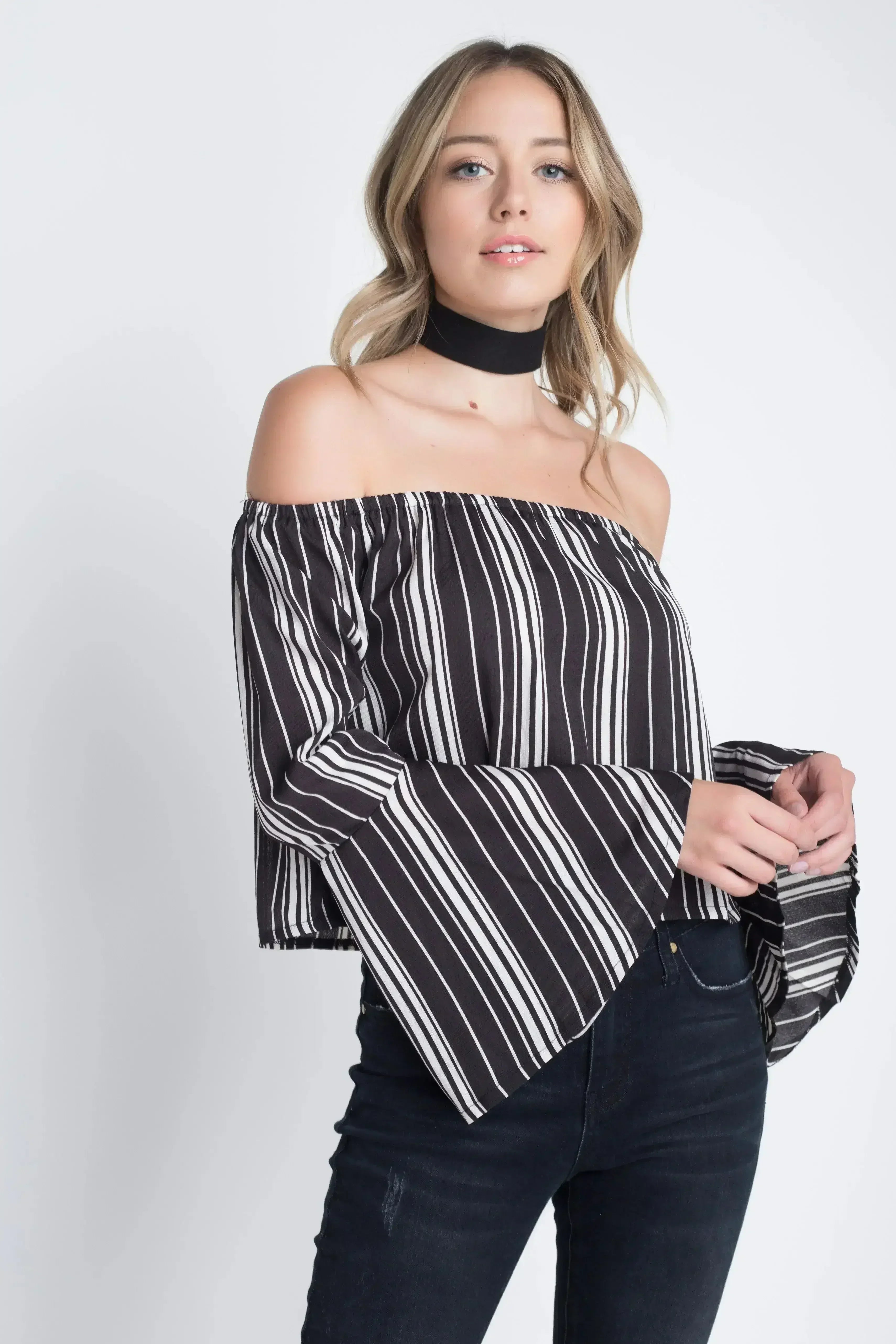 Women's Off Shoulder Casual Stripe Bell Sleeve Top - Femstylo