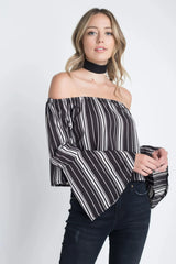 Women's Off Shoulder Casual Stripe Bell Sleeve Top - Femstylo