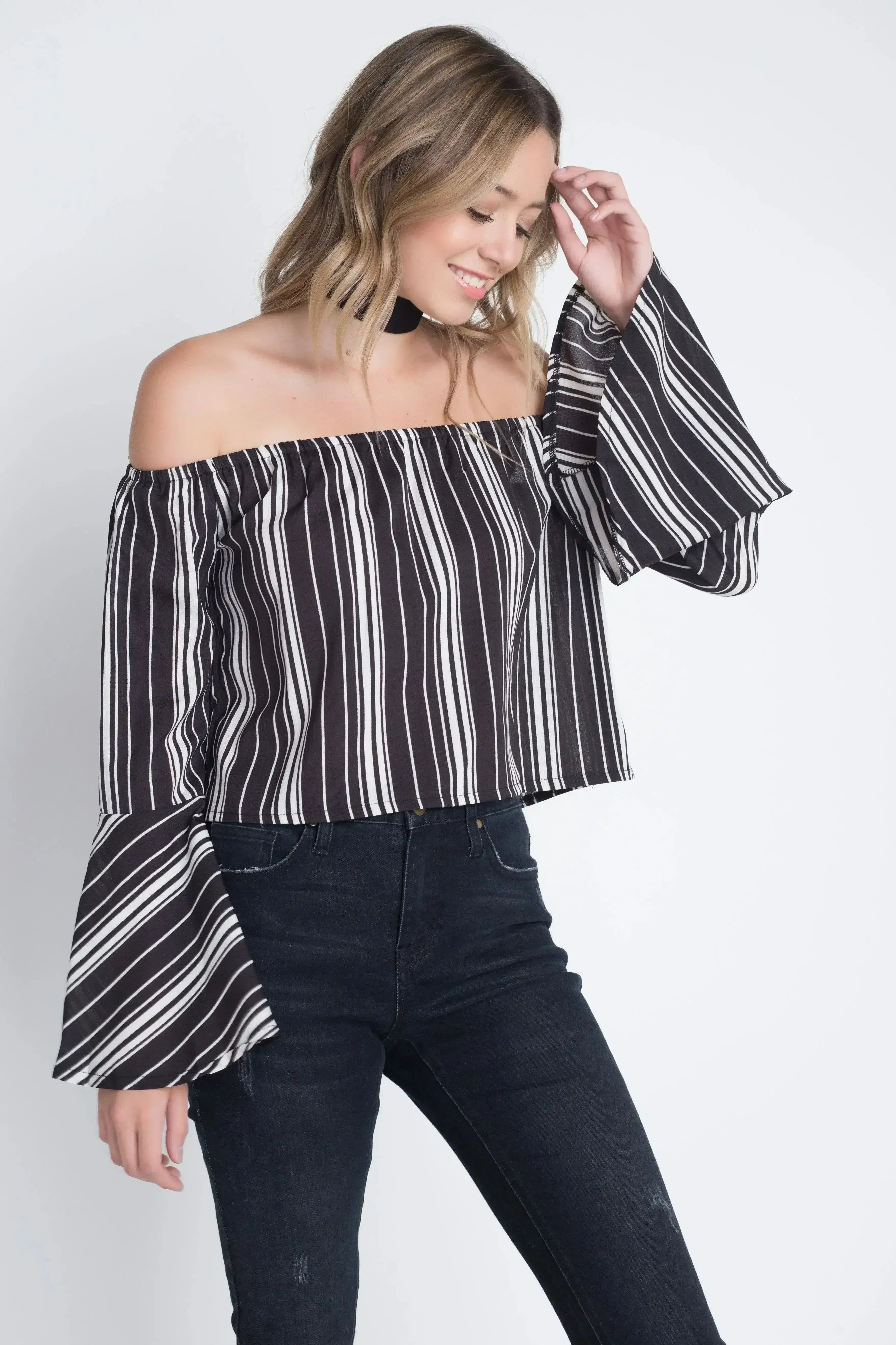 Women's Off Shoulder Casual Stripe Bell Sleeve Top - Femstylo